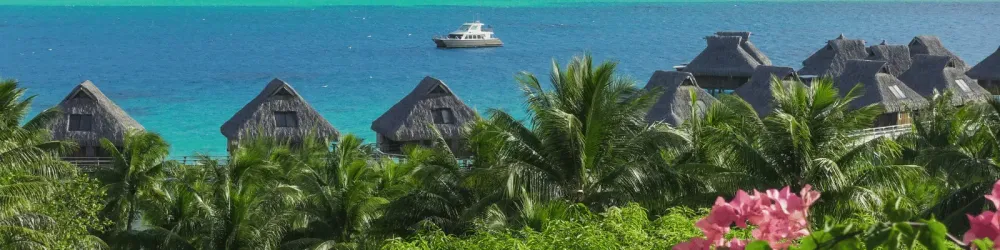 Turquoise and Blue Pacific Ocean with Boat in Background and Overwater Bungalows, Tropical Plants and Flowers in Foreground in Bora Bora French Polynesia
